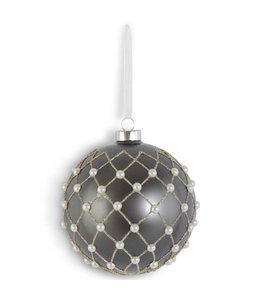 K&K Interiors Matte Gray Glass Ornament w/Gold Diamond Glitter & Pearls- Large