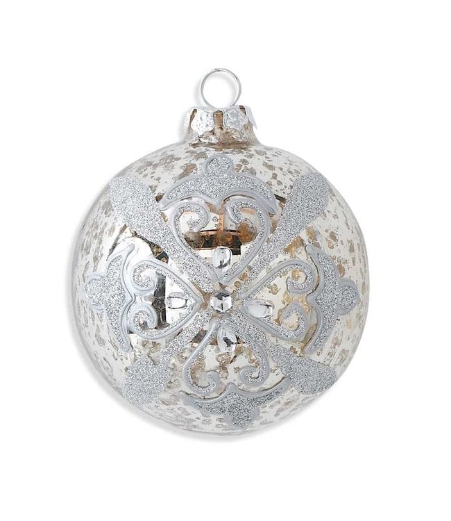 K&K Interiors 4 Inch Silver Mercury Glass w/Rhinestone Round Ornament