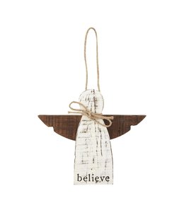 MudPie Believe Wood Angel Ornament