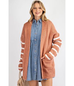 Easel Striped Long Sleeve Knitted Cardigan-Terra Cotta