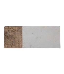 Creative Co-Op Hand-Carved Mango Wood & Marble Serving Board with Engraved Design, White & Natural