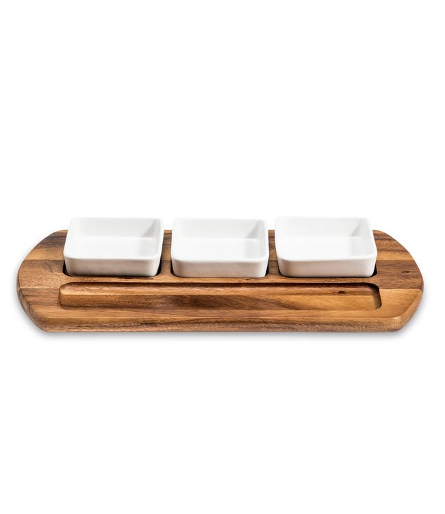 Acacia Wood Serving Tray with 3 Square Ceramic Dishes