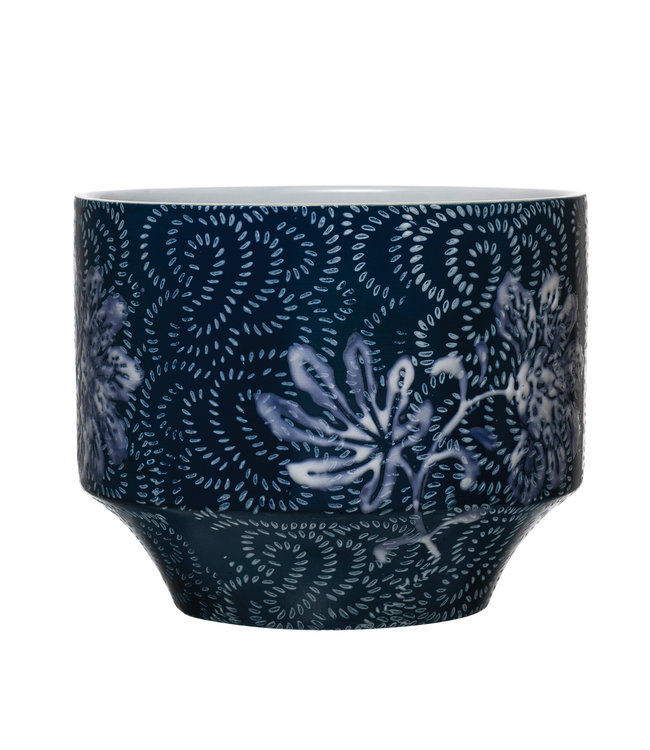 Creative Co-Op Stoneware Planter with Floral Pattern