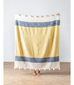 Ganz Color Block Slub Woven Throw with Pom Poms