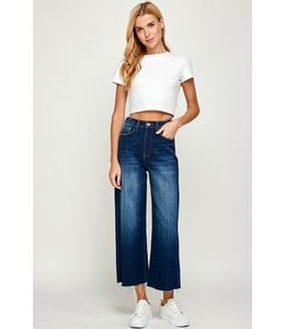 Dark Wide Leg Cropped Jeans with Raw Hem