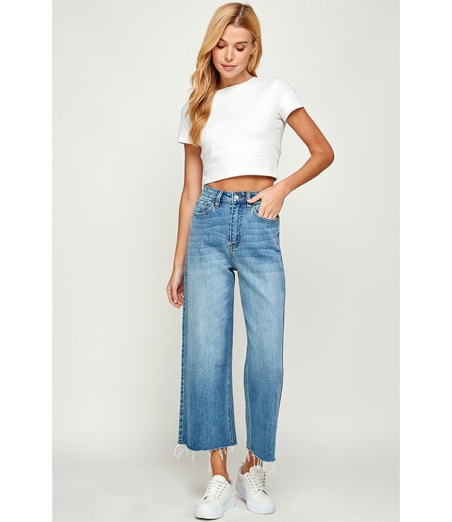 High Rise Wide Leg Jeans with Raw Hem