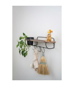 Creative Co-Op Metal and MDF Wall Shelf with Planter and 5 Hooks