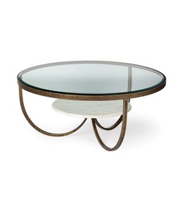 Mercana Reinhardt 36" Round Glass Top Marble Shelf Gold Metal Base Coffee Table