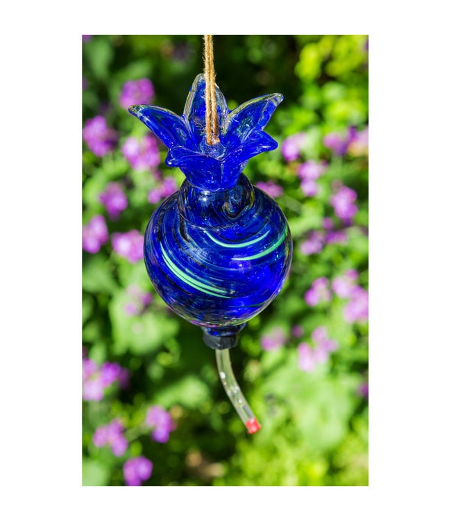 Evergreen Blue Hanging Glass Hummingbird Feeder