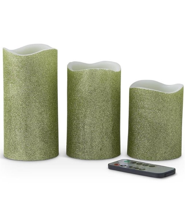 K&K Interiors Set of 3 Green Glitter LED Wax Pillar Candle w/Timer & Remote