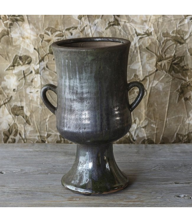 Porch View Home Aged Olive Dripped Glaze Pottery Urn