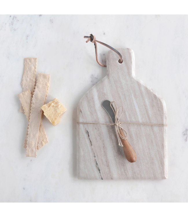 Creative Co-Op 12"L x 8"W Marble Cheese/Cutting Board w/ Canape Knife, Buff Color, Set of 2