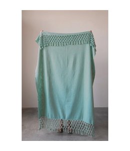 Creative Co-Op Teal  Woven Cotton Throw with Crochet and Fringe
