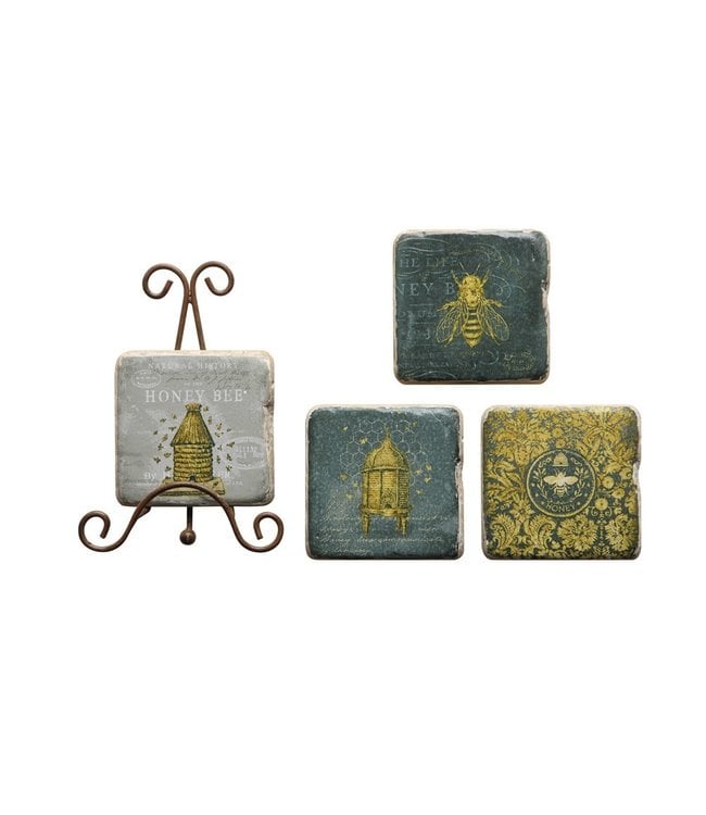 Creative Co-Op 3-3/4" Sq Resin Coasters w/ Bees & Metal Easel, Set of 5