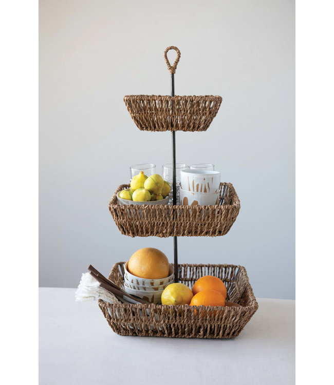 Creative Co-Op Hand-Woven Seagrass 3-Tier Tray w/ Handle