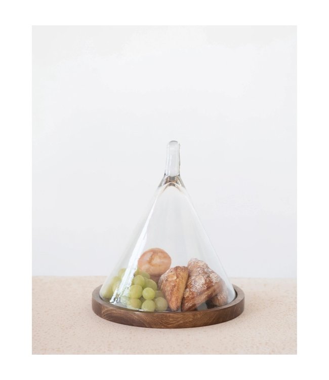 Creative Co-Op Glass Cone Shaped Cloche with Mango Wood Base