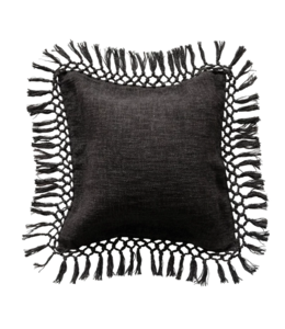 Creative Co-Op Cotton Slub Pillow with Crochet and Fringe-Black