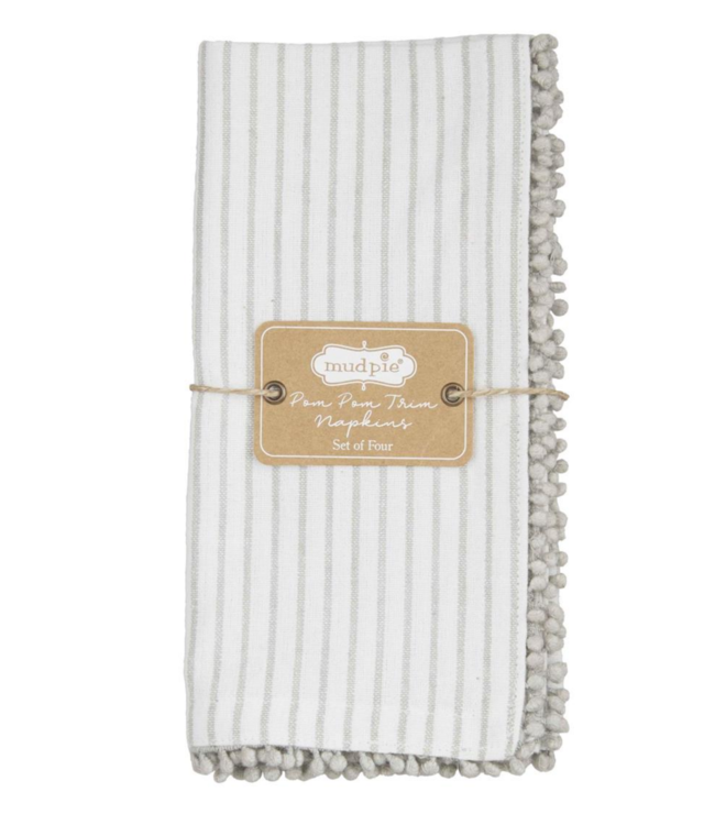 MudPie Gray Pom Trim Napkin Set- Stripes