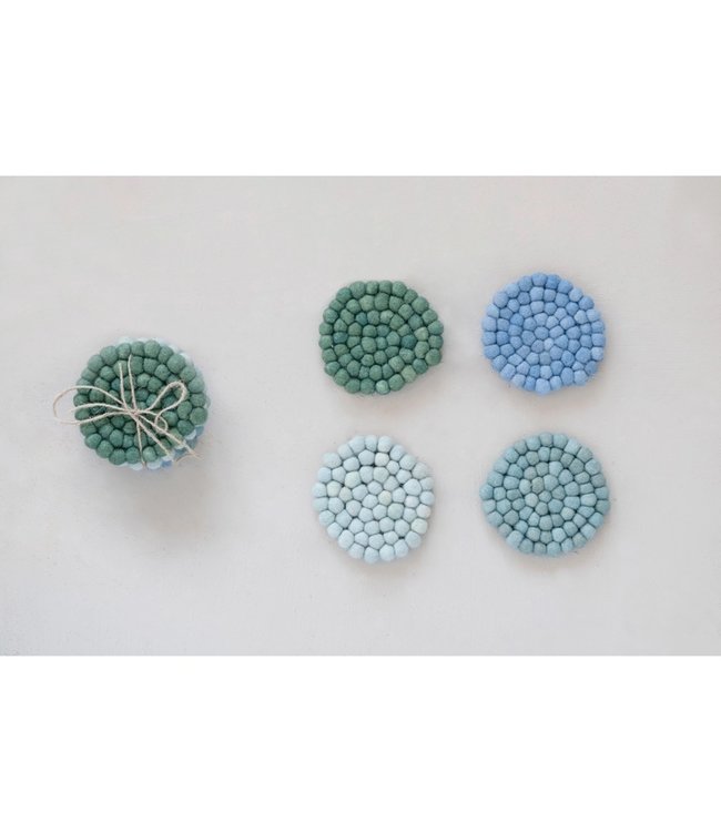 Creative Co-Op Handmade Wool Felt Ball Coasters, Blue Colors, Set of 4