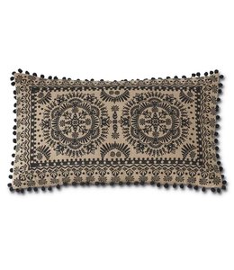 K&K Interiors Black & Cream Embroidered Mandala Pillow W/Pom Pom