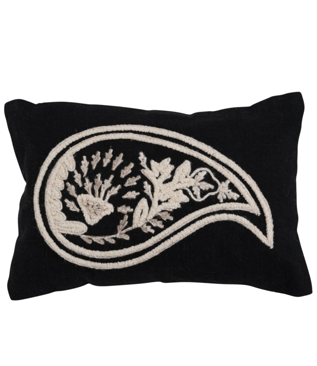 Creative Co-Op Woven Cotton Slub Lumbar Pillow with Embroidered Paisley