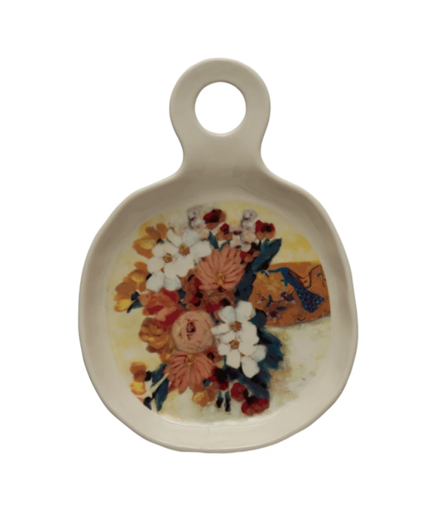 Creative Co-Op Stoneware Spoon Rest with Flowers in Vase