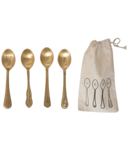 Creative Co-Op Brass Spoons with Engraved Saying, Set of 4 in Printed Drawstring Bag