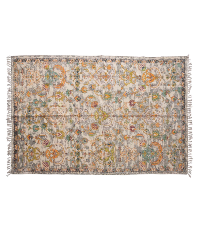 Creative Co-Op Woven Cotton Distressed Print Dhurrie Rug with Fringe