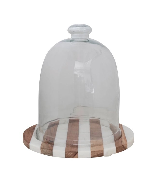 Creative Co-Op Glass Cloche with Striped Wood and Marble Base