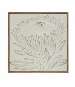 Creative Co-Op Wood Framed Metal Wall Décor with Embossed Protea, Antique White with Gold Brush Finish