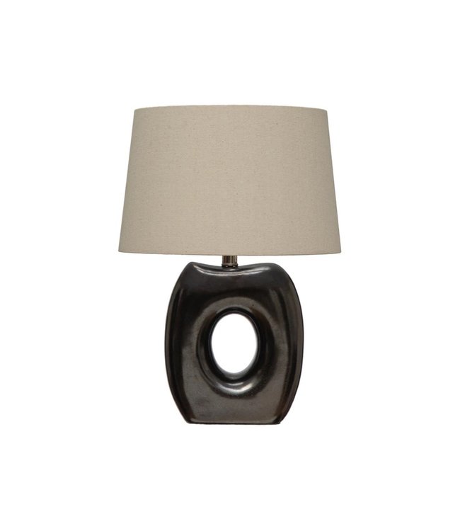 Bloomingville Sculpted Stoneware Table Lamp with Linen Shade, Reactive Glaze
