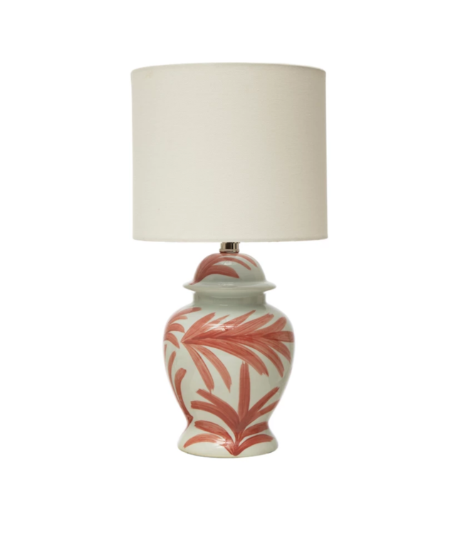 Creative Co-Op Hand-Painted Stoneware Table Lamp with Botanical Pattern and Linen Shade