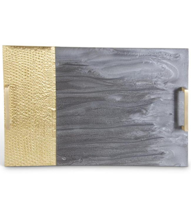 K&K Interiors Gray Marbled Resin & Textured Brass Serving Tray