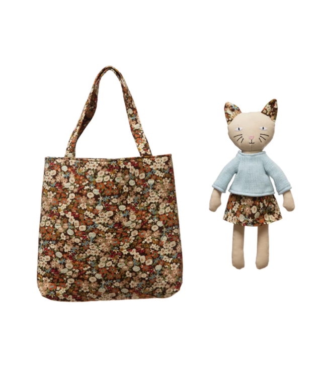 Creative Co-Op Plush Cat in Sweater and Matching Flowered Tote