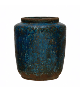 Creative Co-Op Debossed Terra-cotta Vase, Distressed Blue Finish