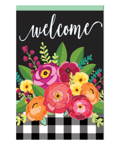 Evergreen Floral Welcome Check House Linen Flag