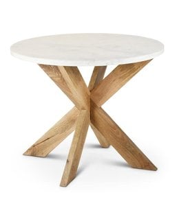 K&K Interiors White Marble Top Table with Natural Mango Wood Cross Buck Legs