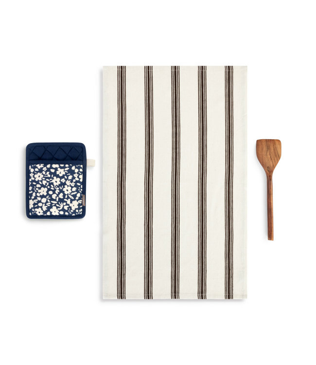 Demdaco Navy Floral Hot Pad & Towel with Spatula Set