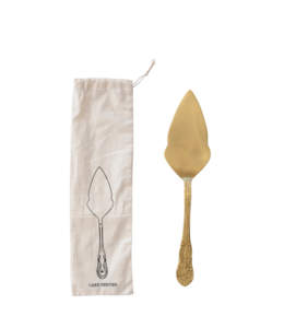 Creative Co-Op Brass Cake Server in Printed Drawstring Bag