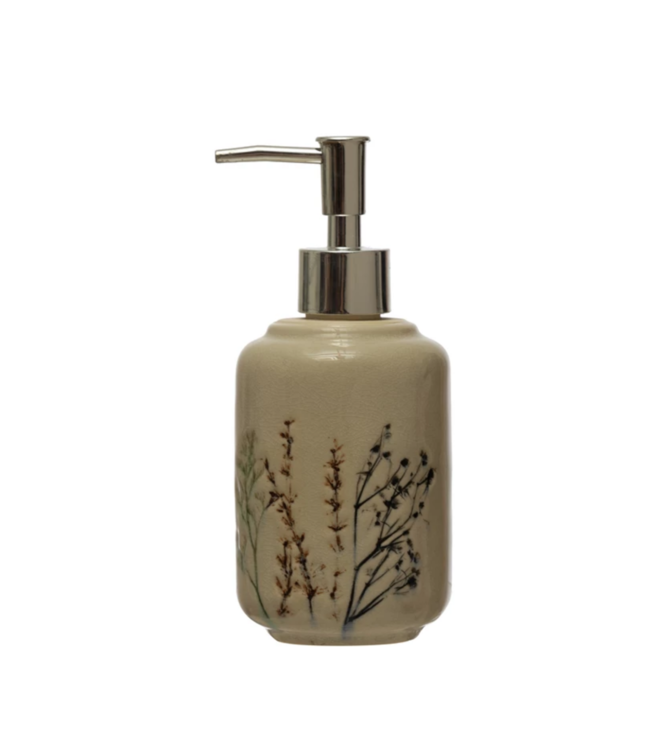 Creative Co-Op Debossed Stoneware Floral Soap Dispenser, Reactive Crackle Glaze