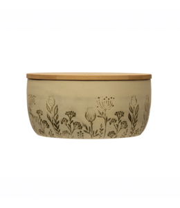 Creative Co-Op Stoneware Canister with Bamboo Lid and Debossed Floral Pattern, Reactive Glaze