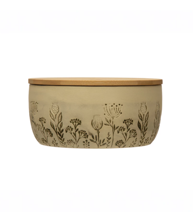 Creative Co-Op Stoneware Canister with Bamboo Lid and Debossed Floral Pattern, Reactive Glaze