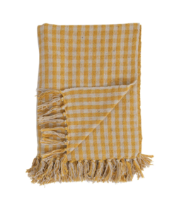 Creative Co-Op Woven Recycled Cotton Blend Throw w/ Fringe Gingham- Yellow