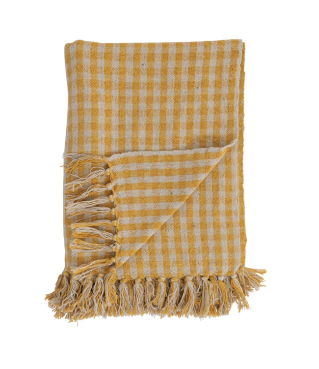 Creative Co-Op Woven Recycled Cotton Blend Throw w/ Fringe Gingham- Yellow