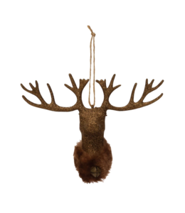 Creative Co-Op Deer Bust Ornament with Faux Fur Collar, Bell and Gold Glitter