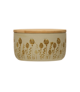 Creative Co-Op Stoneware Canister with Bamboo Lid and Debossed Floral Pattern, Reactive Glaze