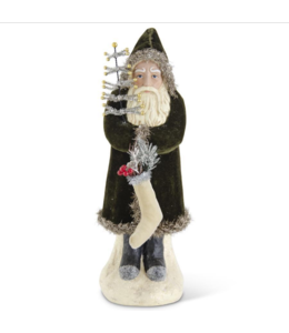 K&K Interiors Santa w/Dark Green Coat Holding Tree & Stocking