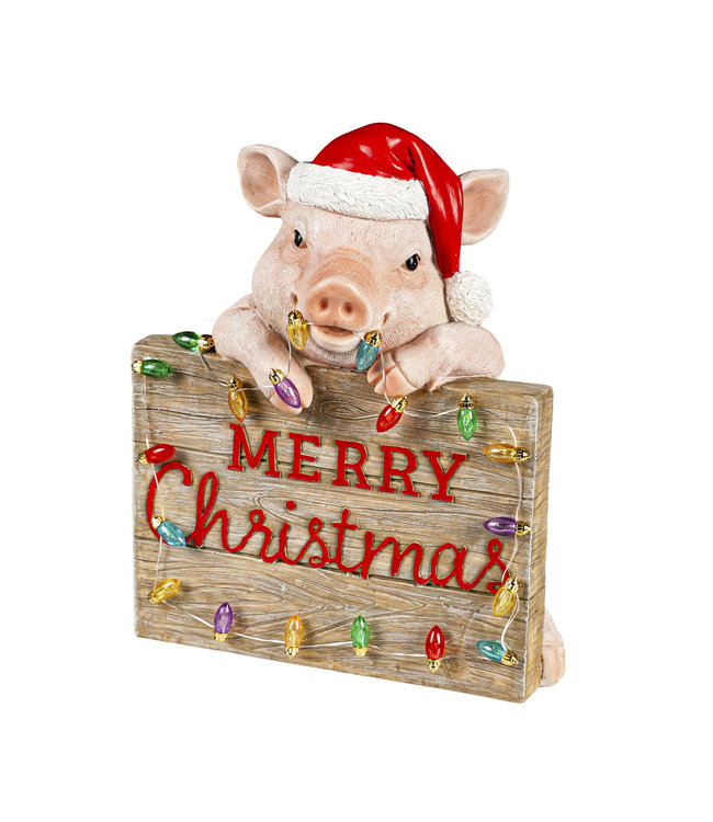 Evergreen 10" LED Battery Operated Holiday Pig with Christmas Sign Garden Statuary