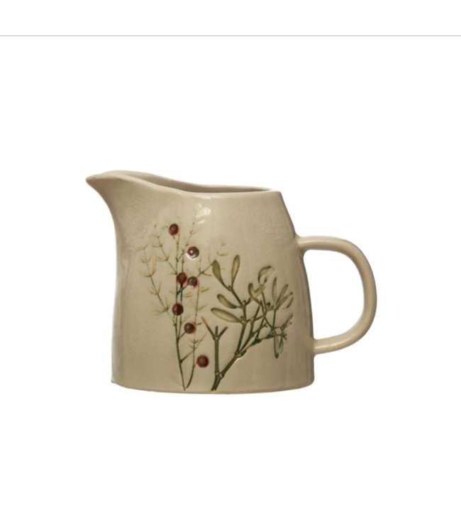 Creative Co-Op Debossed Stoneware Creamer with Mistletoe