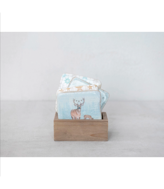 Creative Co-Op Square Resin Coasters with Forest Animals and Patterns in Wood Box